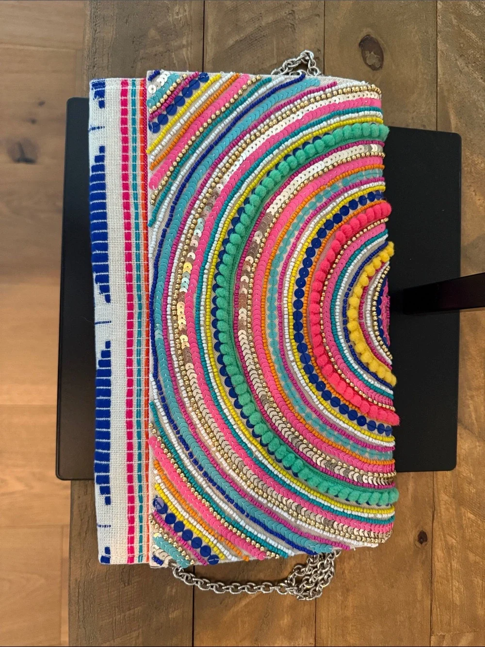 Multicolor Beaded Crescent-Pattern Clutch with Chain Strap